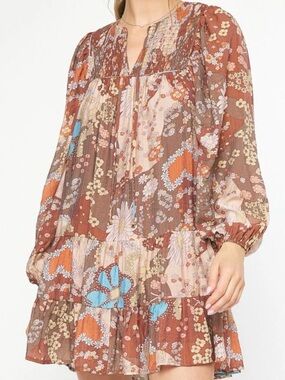entro Brown Floral Tiered Long-Sleeve Mini Dress with Orange & Blue Accents